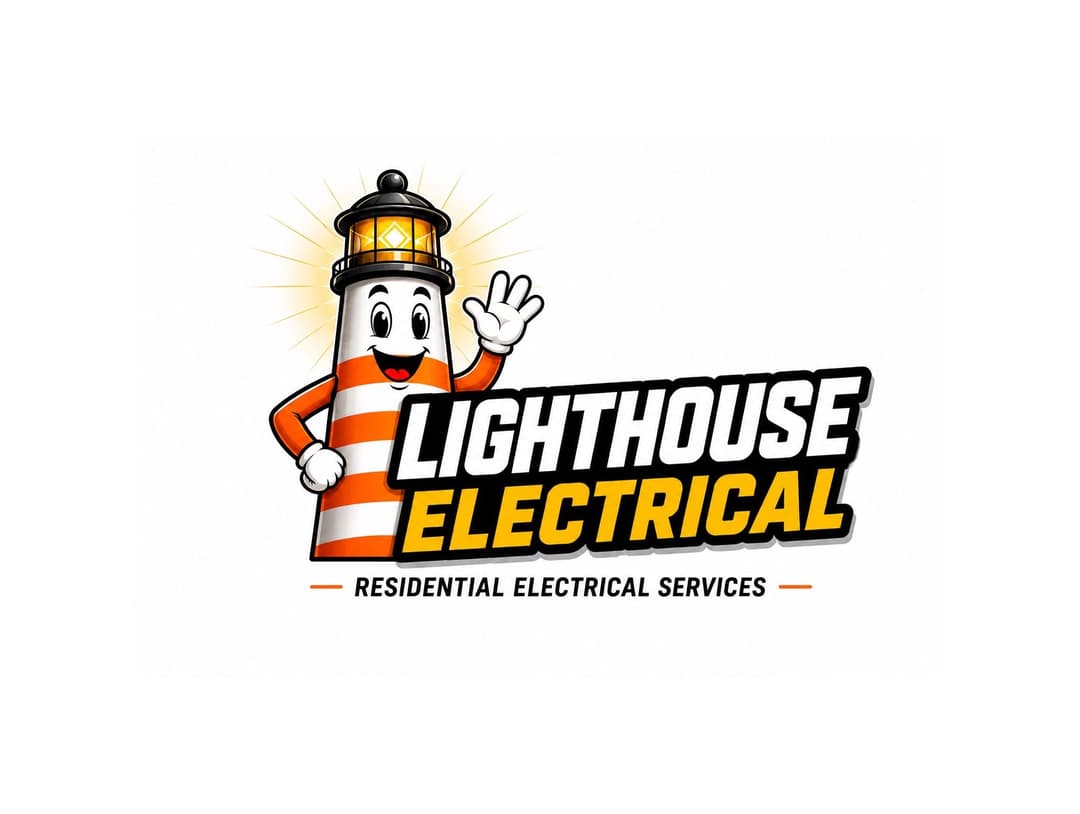 Lighthouse Electrical logo featuring a cheerful lighthouse mascot and text for residential services.