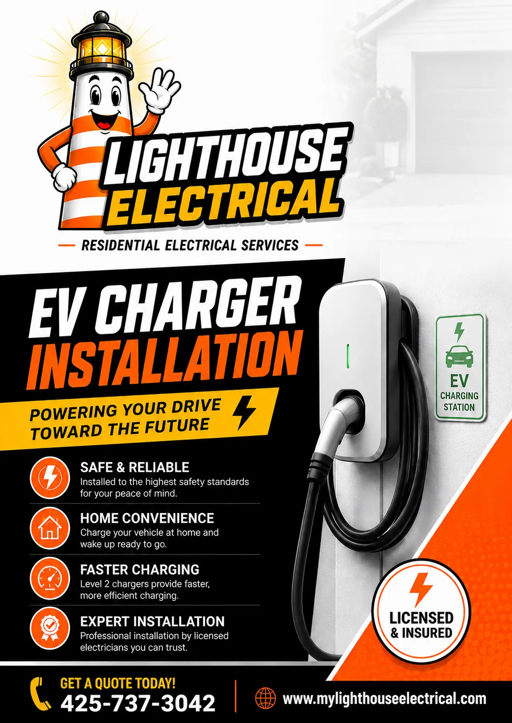 Lighthouse Electrical EV charger installation poster highlighting safety, reliability, and expert service.