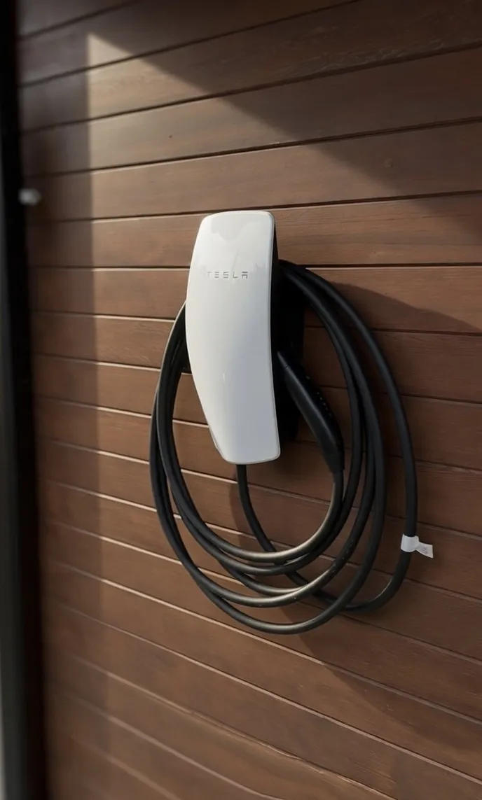 Tesla wall-mounted electric vehicle charger with coiled cable on wooden surface.