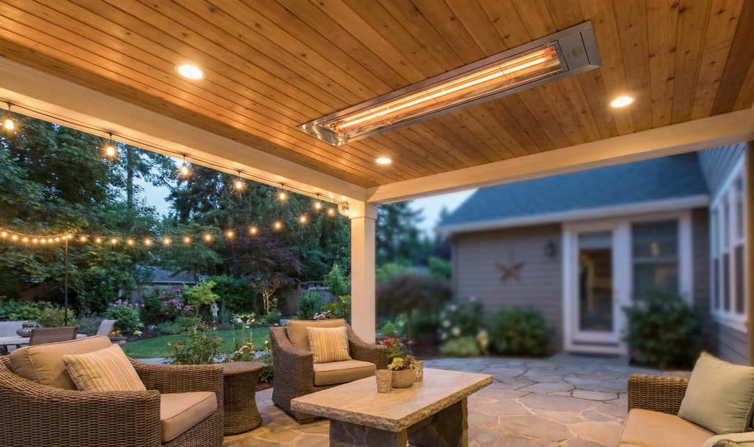 Cozy outdoor patio with wooden ceiling, heating lamp, and string lights for relaxation.